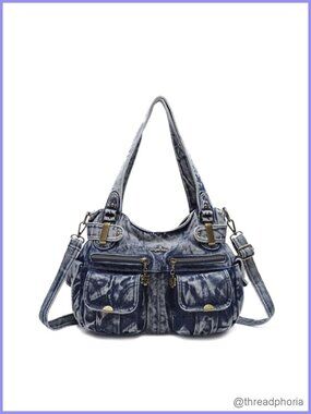 Designer Handbag Large Double Zipper Multi Pocket Washed Leather Purse